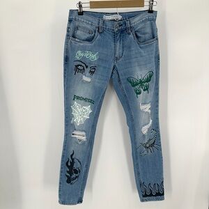Broken Promises Jeans Mens 28 Blue Distressed Denim Skull Butterfly Goth Punk